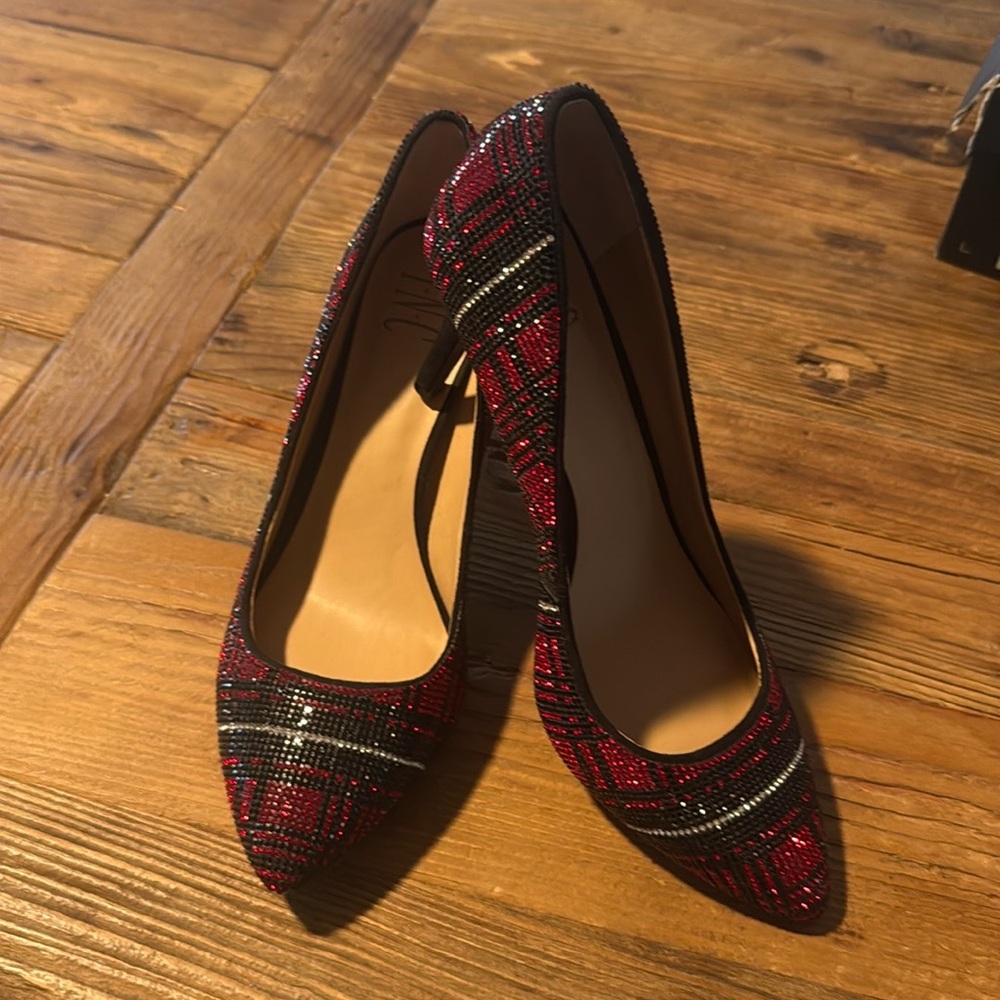 Plaid Red, Black, and Silver rhinestone Heels